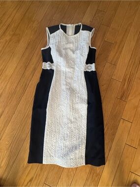 Sleeveless Black and White Sheath Dress with Lace Waist Detail Mantu